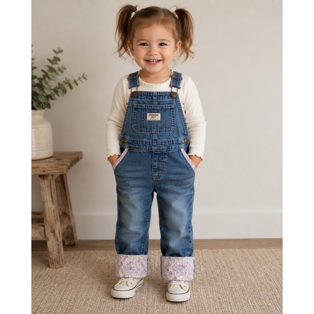 OshKosh B'gosh Girls Blue Denim Floral Lined Ruffle Trim Bib Overalls Size 2T